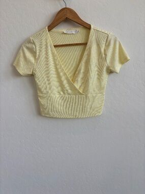 All in Favor Yellow Ditsy Floral Ribbed Knit Wrap Crop Top - Size XS